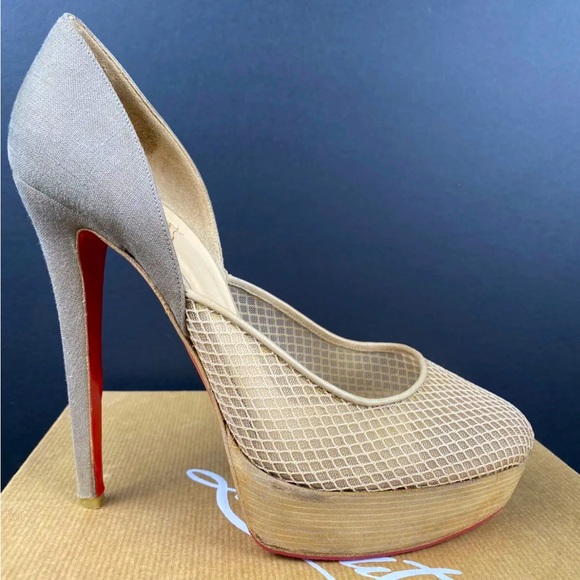 Christian Louboutin Aragna Nude Fishnet Heels Sz 38/7.5 with Sole Guard and Box - Picture 5 of 10